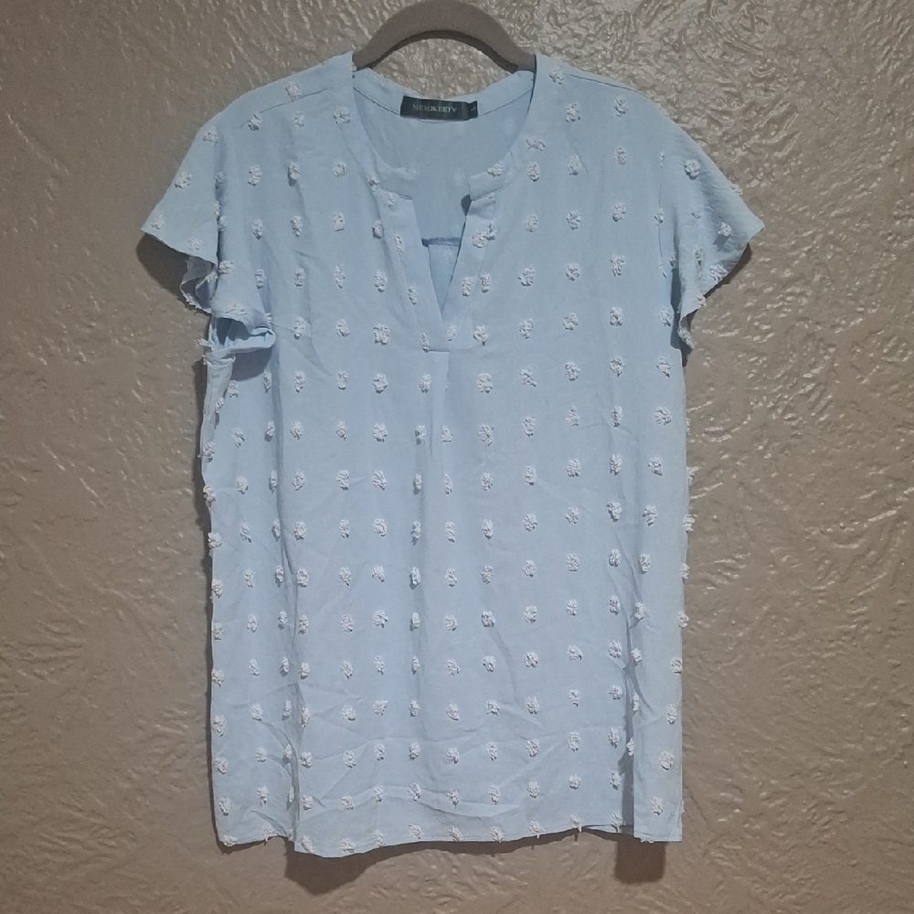 Merokeety Wome's Elegant Light Blue Blouse with Textured Design Size L